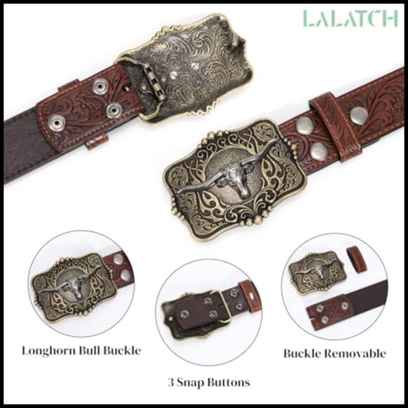 Floral Engraved Longhorn Bull Buckle Western Belt for Jeans main image 6